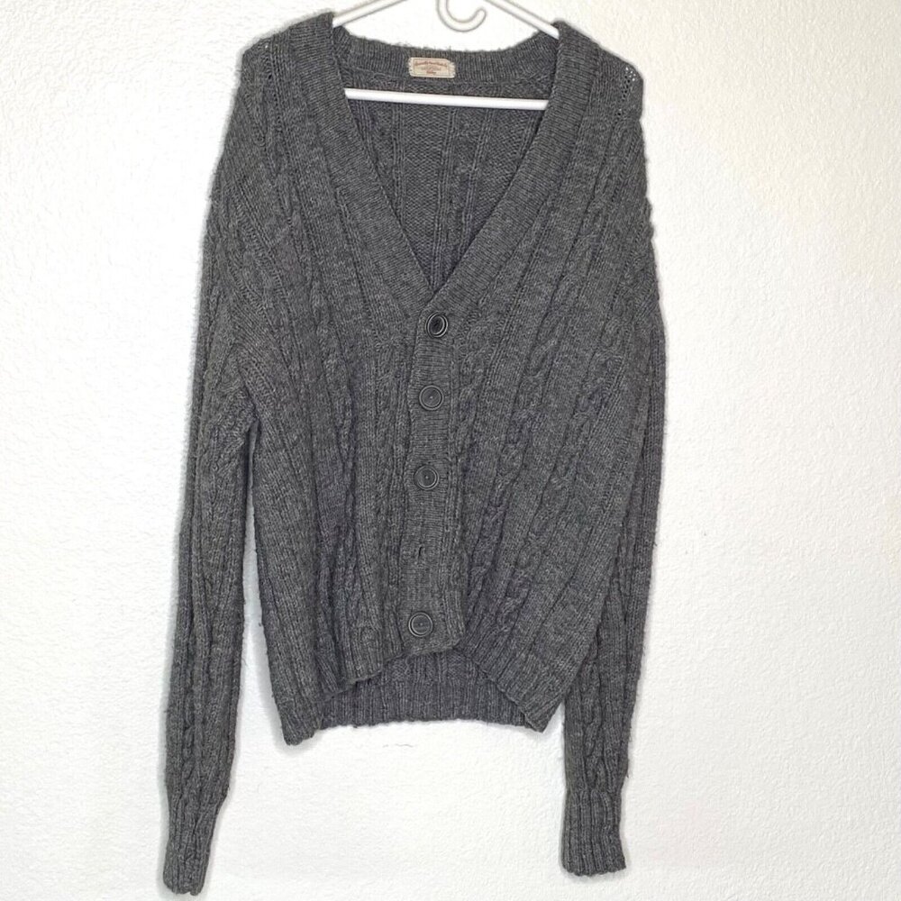 Hand Knitted Cardigan Sweater Men's Gray Sz L Cable Knit Fisherman Grandpa